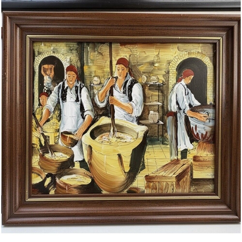Vintage Folk Art Kitchen Cooking Scene Framed Wall Art Rustic Decor - Picture 9 of 10